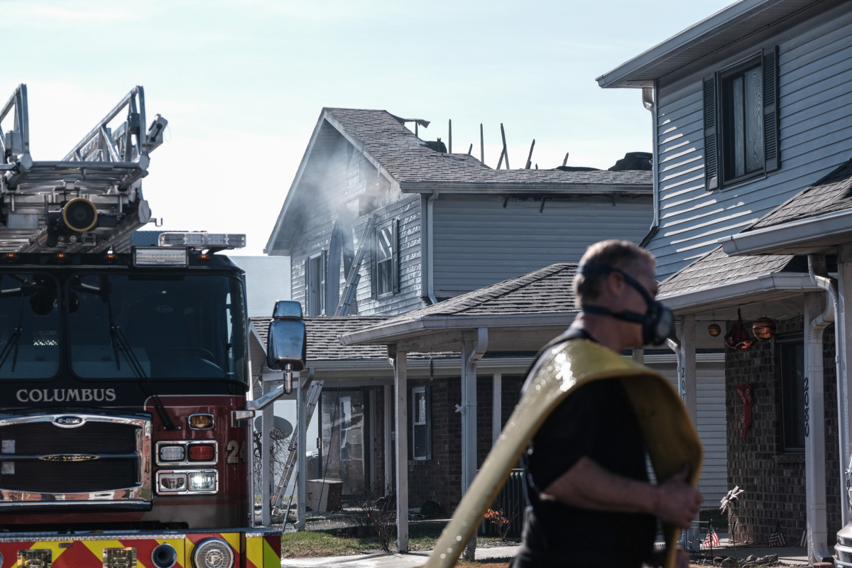 A view of the damage caused by a large structure fire in a condominium unit at Two Worlds Condominium Association in Columbus, Ind., Wednesday, Dec. 6, 2020. Mike Wolanin | The Republic